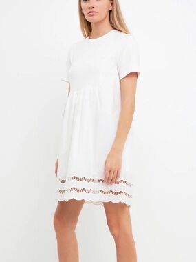 English Factory White Short Sleeve Eyelet-Hem Mini Dress
